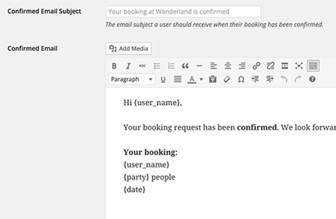 Plantilla de email de las reservas